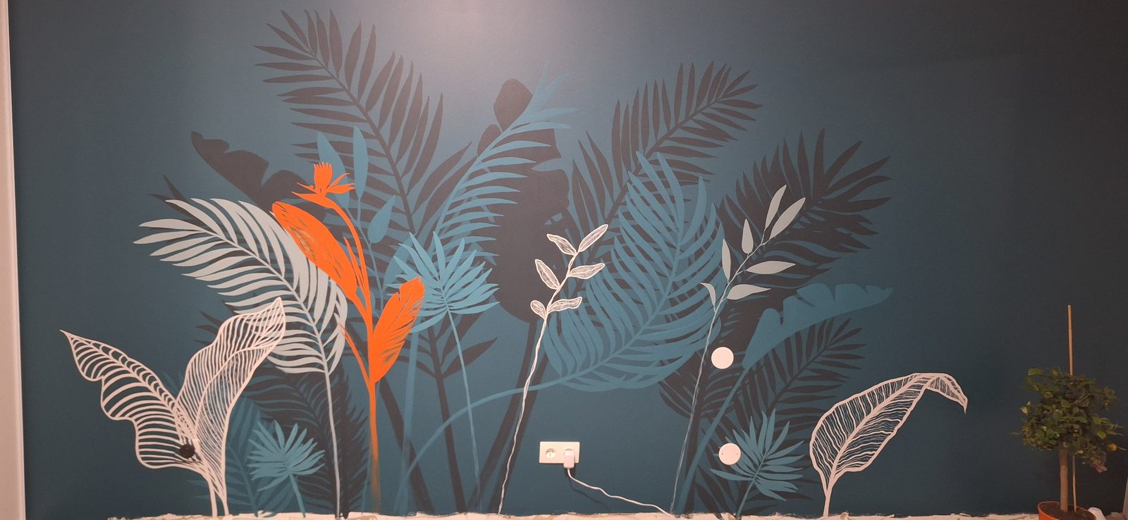 Fresque tropicale bleu pétrole et orange
